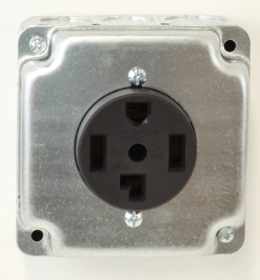 220v-Outlet Black 220V electrical outlet mounted on a metal box, relevant for portable building customization options at Repo Lot.