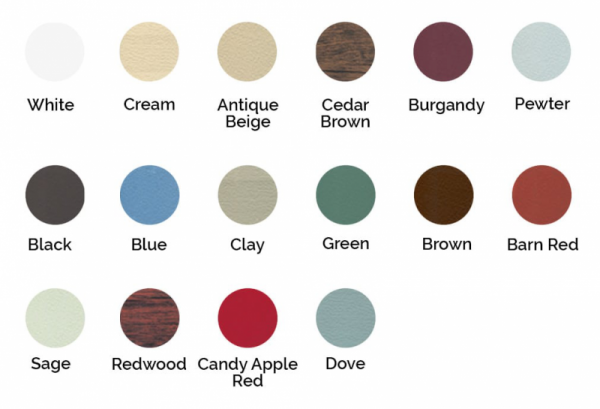 colors-1-800×545 Color palette options for customizable portable lofted sheds, featuring circles of 16 colors with names including White, Cream, Antique Beige, Cedar Brown, Burgundy, Pewter, Black, Blue, Clay, Green, Brown, Barn Red, Sage, Redwood, Candy Apple Red, and Dove.