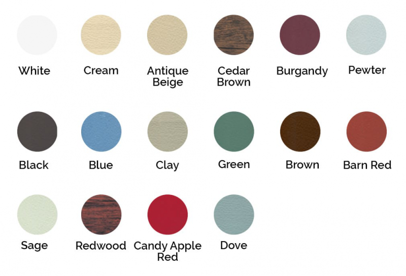 colors-1-800×545 Color palette options for customizable portable utility sheds, featuring 16 colors including White, Cream, Antique Beige, Cedar Brown, Burgundy, and more, relevant for enhancing outdoor storage aesthetics.