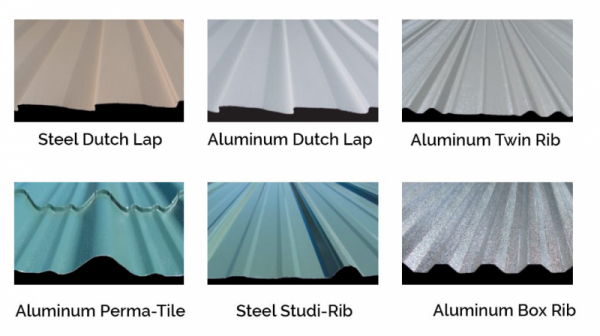 styles-800×448 Various metal profile options for portable buildings, including Steel Dutch Lap, Aluminum Dutch Lap, Aluminum Twin Rib, Aluminum Perma-Tile, Steel Studi-Rib, and Aluminum Box Rib.